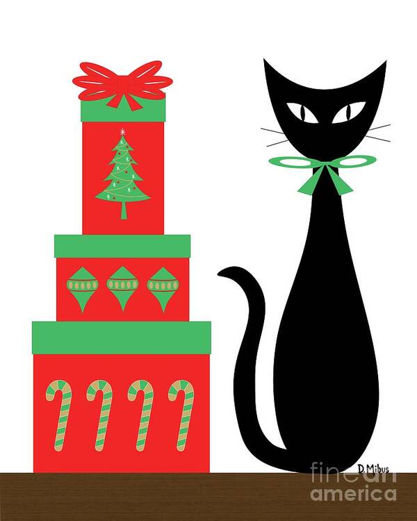 Mid Century Modern Art Print featuring the digital art Mid Century Holiday Cat with Presents by Donna Mibus