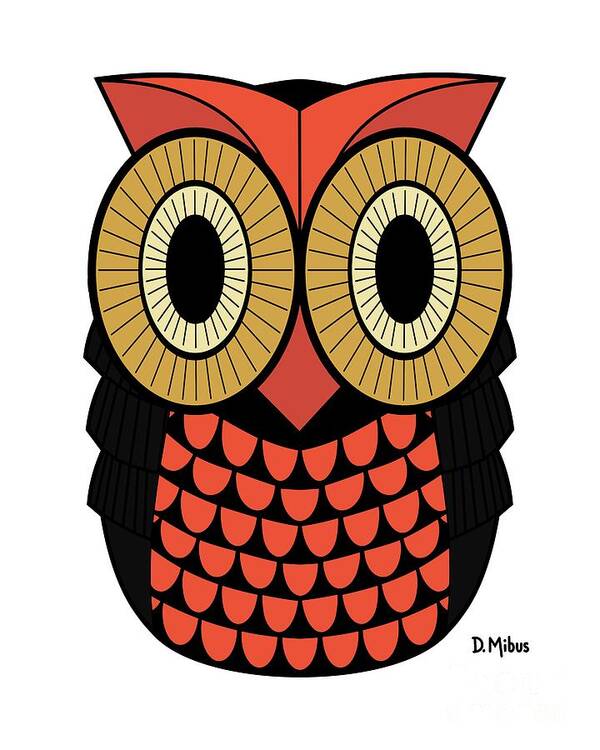 Owl Art Print featuring the digital art Mid Century Owl in Burnt Orange and Yellow Ochre by Donna Mibus