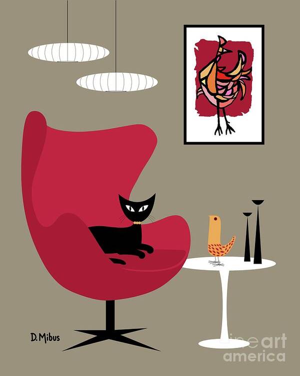 Mid Century Cat Art Print featuring the digital art Mid Century Rooster Red Chair by Donna Mibus