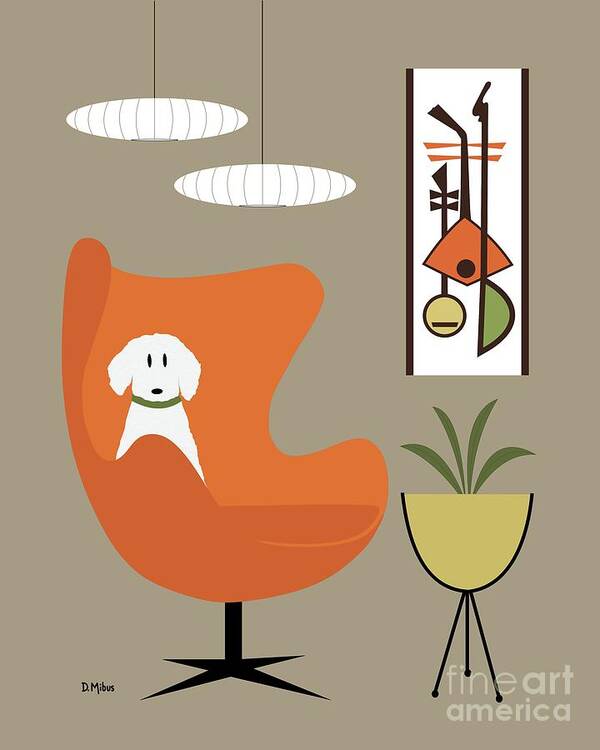 Mid Century Modern Art Print featuring the digital art Mid Century White Dog in Orange Egg Chair by Donna Mibus