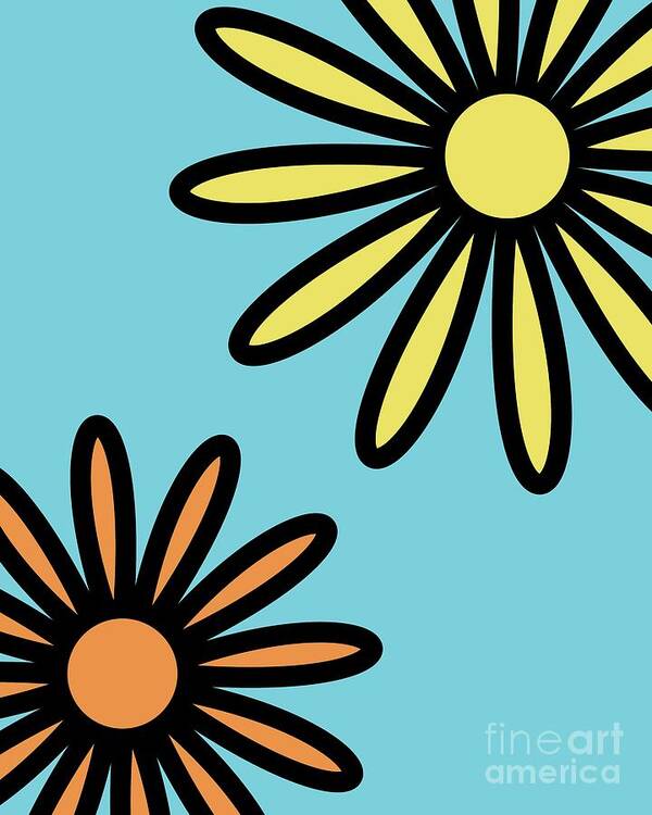 Mod Art Print featuring the digital art Mod Flowers 2 on Blue by Donna Mibus