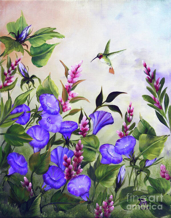 Hummingbird Art Print featuring the painting Morning Glories by Jimmie Bartlett