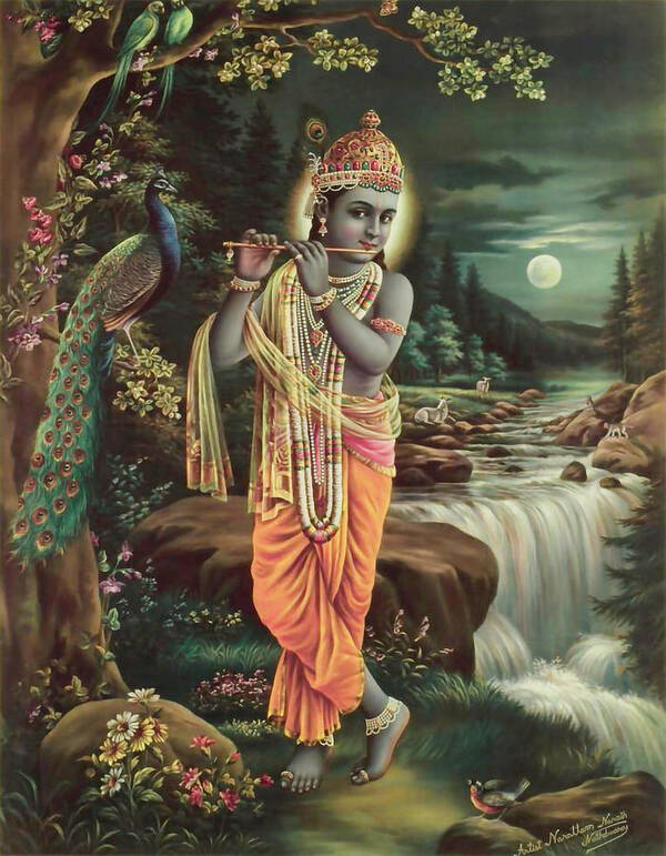 Hinduism Art Print featuring the painting Murli Manohar - Krishna Playing the Flute by Narottam Narayan Sharma