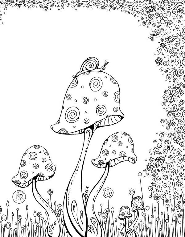 Coloring Art Print featuring the painting Mushroom Black and White Mushroom and Flowers Coloring Art, Original MAD Wonderland Drawing by Megan Aroon