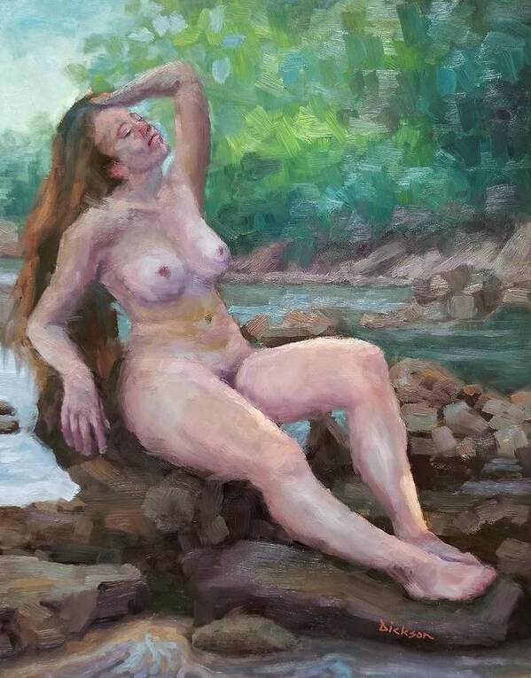 Plein Air Art Print featuring the painting Nude woman by creek by Jeff Dickson