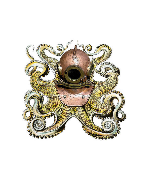 Octopus Art Print featuring the digital art Octopus with Diving Helmet by Madame Memento