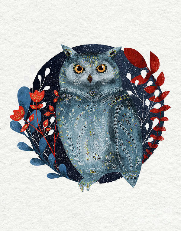 Owl Art Print featuring the painting Owl With Flowers by Modern Art