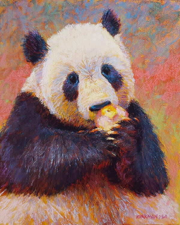 Panda Art Print featuring the pastel Panda Eating an Apple by Rita Kirkman