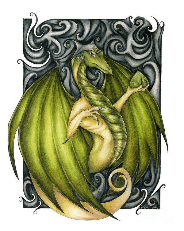 Green Dragon Art Art Print featuring the drawing Peridot Green Dragon Drawing by Kristin Aquariann