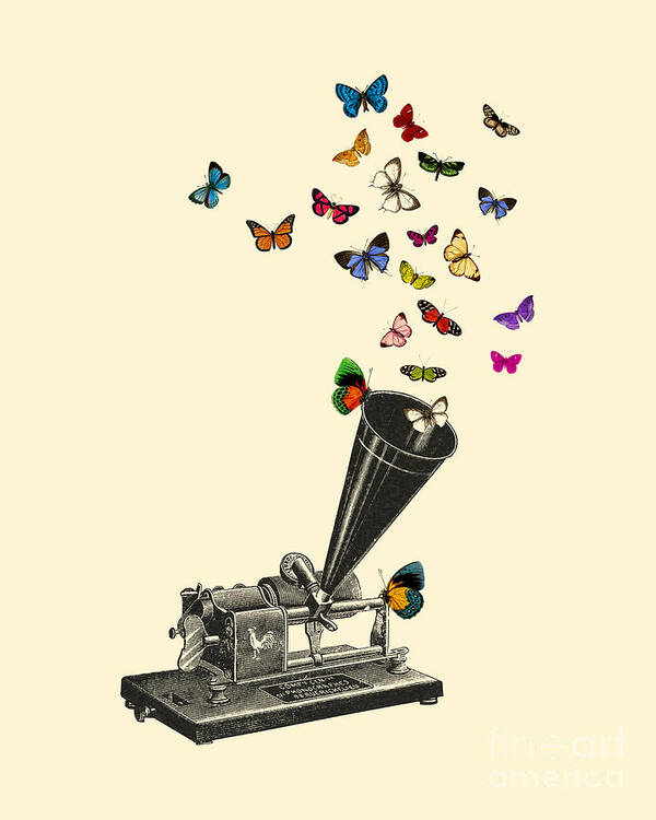 Phonograph Art Print featuring the digital art Phonograph With Butterflies by Madame Memento