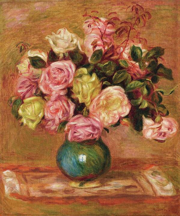 Pierre Auguste Renoir Bouquet Of Roses In A Vase Art Print featuring the painting Pierre Auguste Renoir Bouquet of roses in a vase by MotionAge Designs