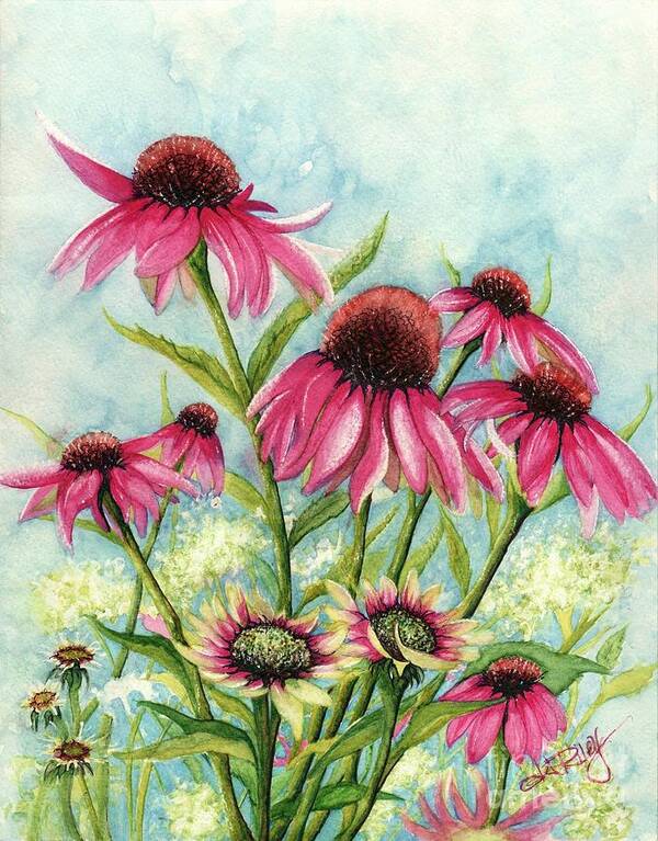 Flower Art Print featuring the painting Pink Coneflowers by Janine Riley