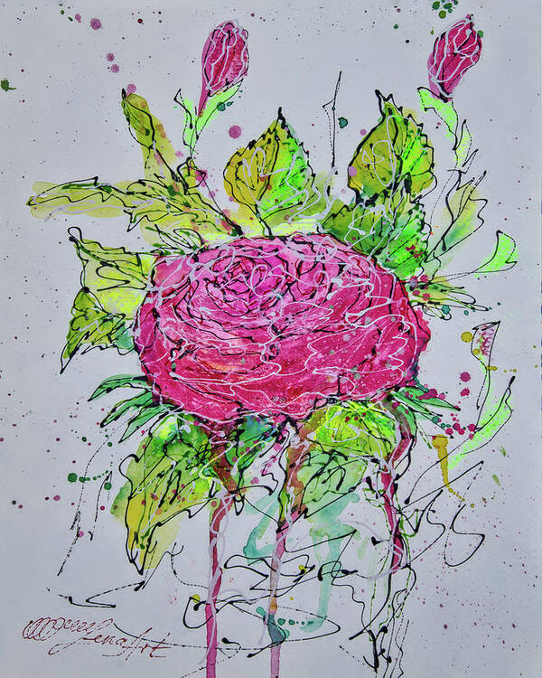 Pink Rose Art Print featuring the painting Pink Rose Watercolor by Lena Owens - OLena Art Vibrant Palette Knife and Graphic Design