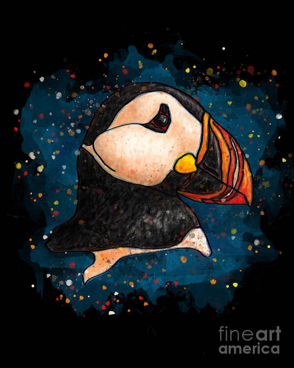 Puffin Art Print featuring the painting Puffin head on black background, Splatter art puffin by Nadia CHEVREL
