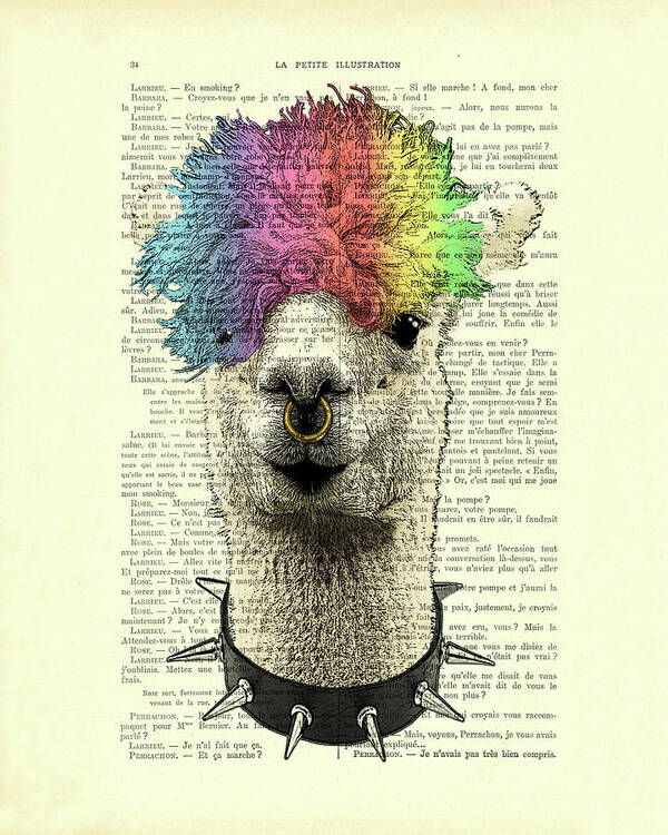 Llama Art Print featuring the digital art Punk rock style alpaca book page art by Madame Memento