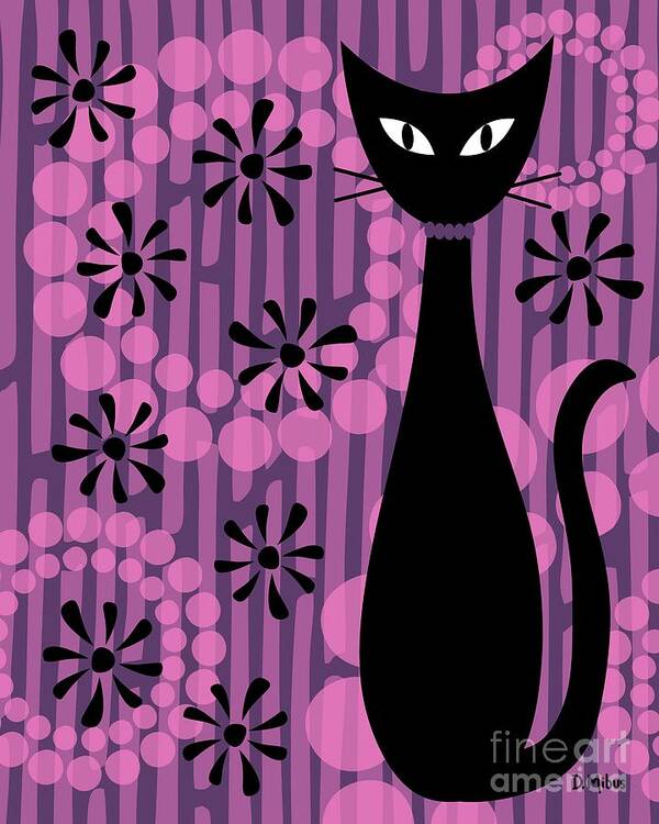 Abstract Cat Art Print featuring the digital art Purple Pink Mod Cat by Donna Mibus