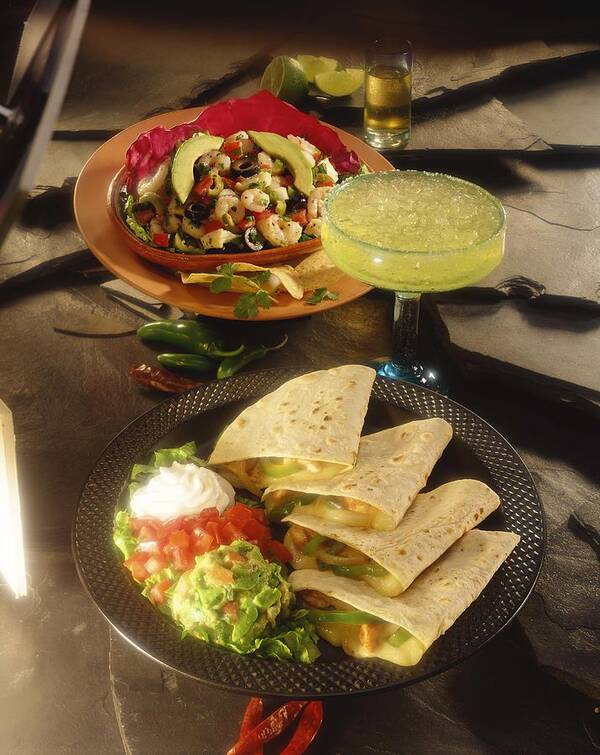 Alcohol Art Print featuring the photograph Quesadillas and shrimp with avocado salad by Jupiterimages