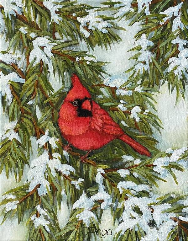 Cardinal Art Print featuring the painting Red cardinal bird on winter spruce branch by Inese Poga