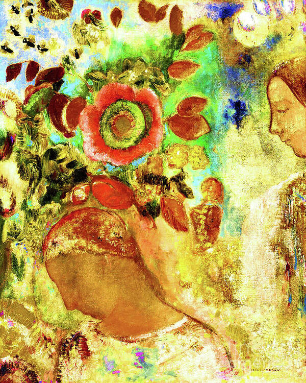 Wingsdomain Art Print featuring the painting Remastered Art Trees Two Young Girls Among Flowers by Odilon Redon 20220502 by Odilon Redon