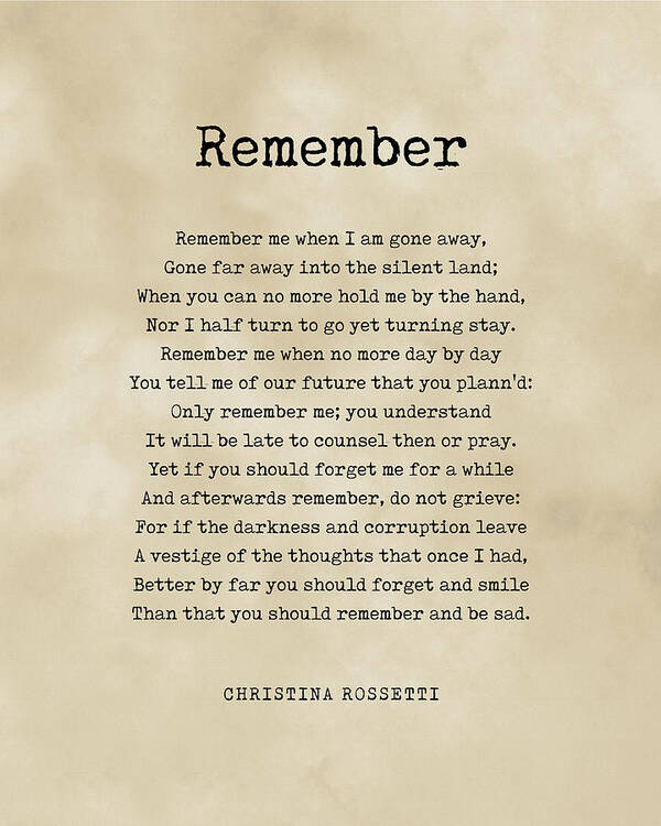 Remember Art Print featuring the digital art Remember - Christina Rossetti Poem - Literature - Typewriter Print 1 - Vintage by Studio Grafiikka