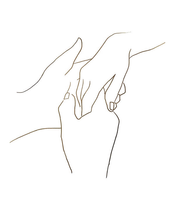 Les Amoureux Art Print featuring the drawing Romantic lovers hands one line holding hands black white hands artwork printable minimalist couple by Mounir Khalfouf