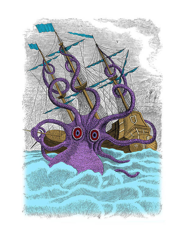 Kraken Art Print featuring the digital art Sea monster with ship by Madame Memento