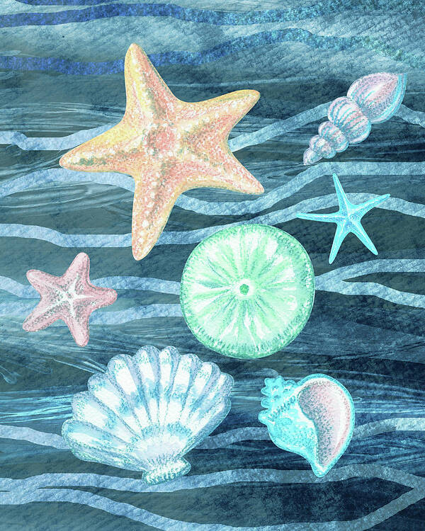 Beach Art Art Print featuring the painting Sea Stars And Shells On Blue Waves Watercolor Beach Art Collection III by Irina Sztukowski