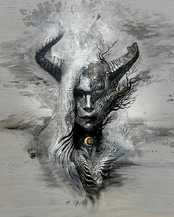 Horns Art Print featuring the painting Shadows of the Golden Moon by Alex Ruiz