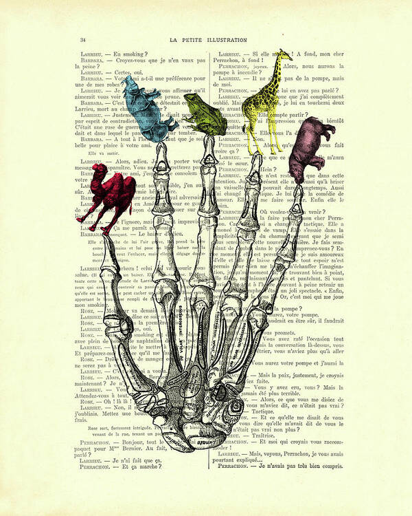 Hand Art Print featuring the digital art Skeleton hand with wildlife animals by Madame Memento