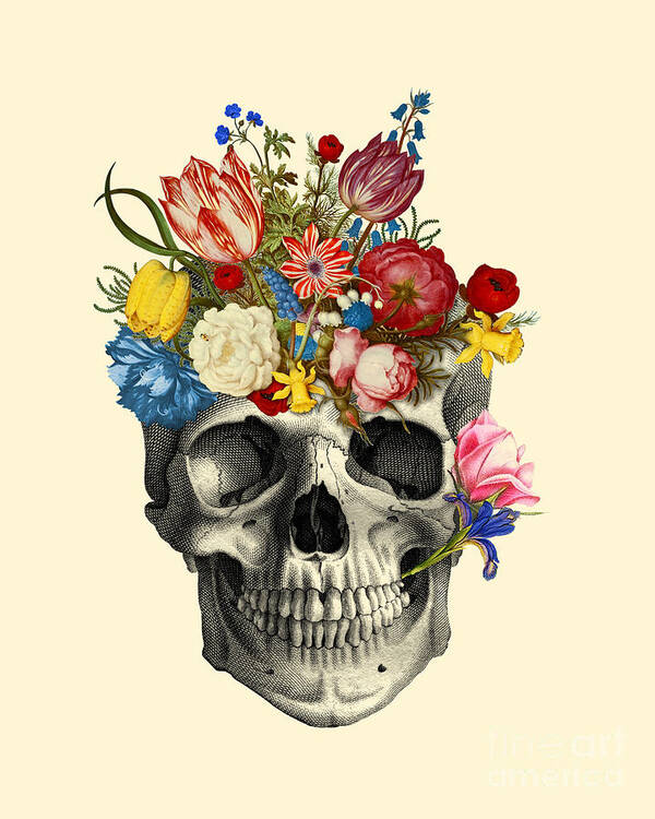 Skull Art Print featuring the digital art Skull with flowers by Madame Memento