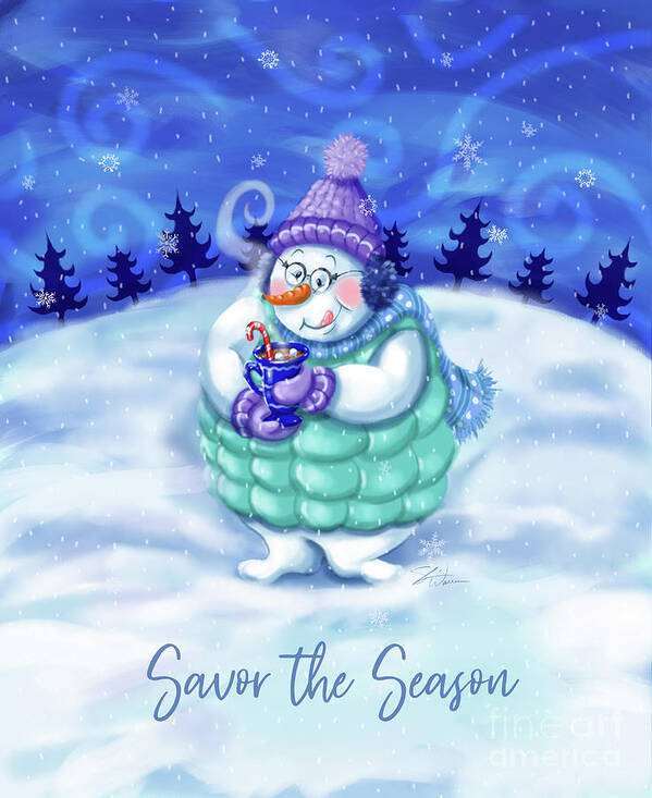 Snowman Art Print featuring the mixed media Snowman Savor the Season by Shari Warren