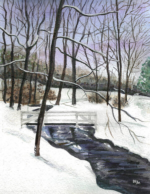 Winter Art Print featuring the painting Snowy Shawnee Stream by Clara Sue Beym