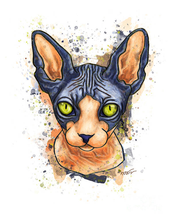 Sphynx Cat Art Print featuring the painting Sphynx cat painting, Splatter watercolor sphynx by Nadia CHEVREL