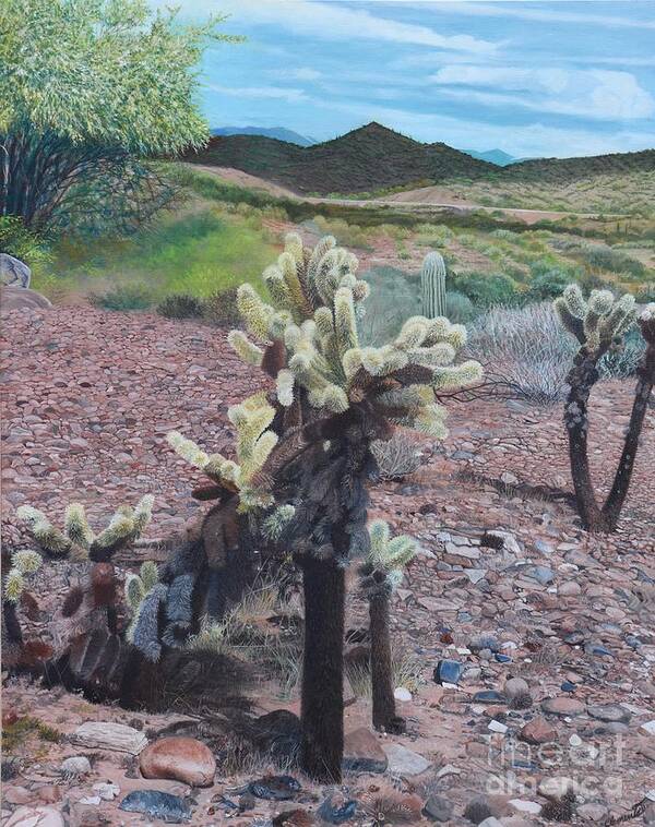 Arizona Art Print featuring the painting Golden cholla by Barbara Clements