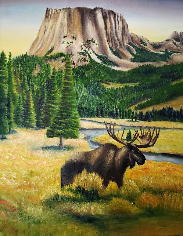 Moose Landscape Mountain Art Print featuring the painting Square Top Evening with Moose by Joseph Eisenhart