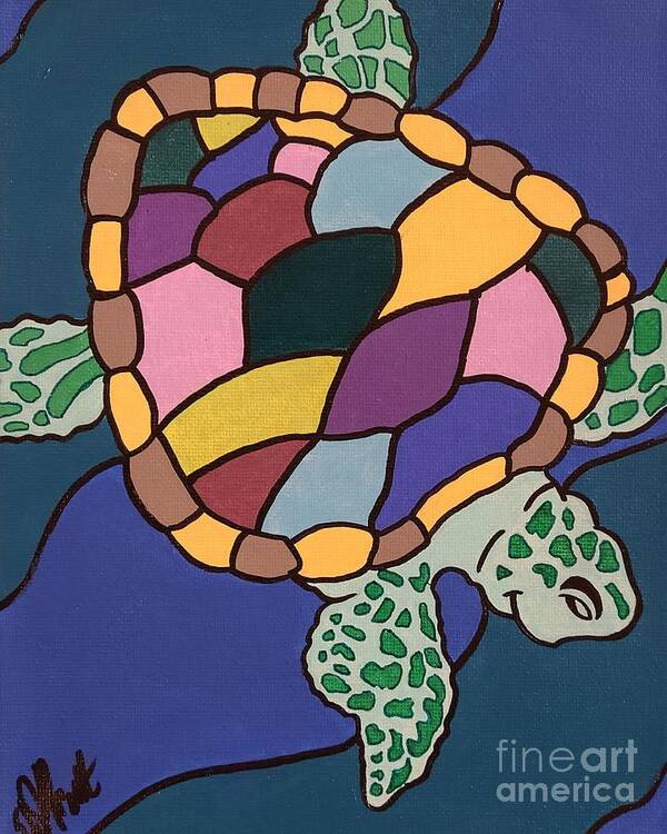 Turtle Art Print featuring the painting Steve The Sea Turtle by Elena Pratt