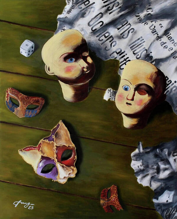 Oil Painting Art Print featuring the painting Still Life with Masks and Newspaper by Dan Haraga