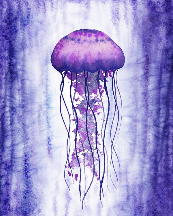 Purple Art Print featuring the painting Swimming In Purple Ocean Jellyfish Watercolor by Irina Sztukowski
