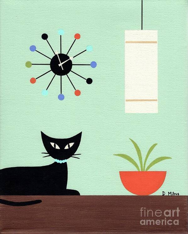 Mid Century Modern Art Print featuring the painting Tabletop Cat Green Background by Donna Mibus