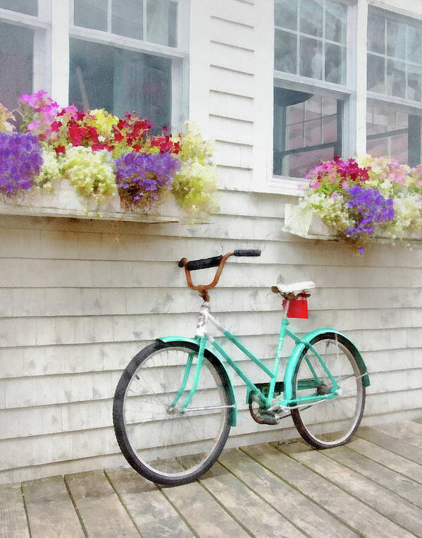 Teal Art Print featuring the photograph Teal Bicycle and Flower Boxes, Boothbay Harbor, ME by Betty Denise