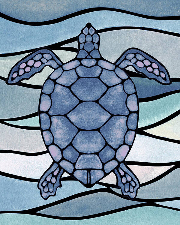 Turtle Art Print featuring the painting Teal Blue Watercolor Tortoise Under The Sea Turtle Native Art Ocean Creature II by Irina Sztukowski