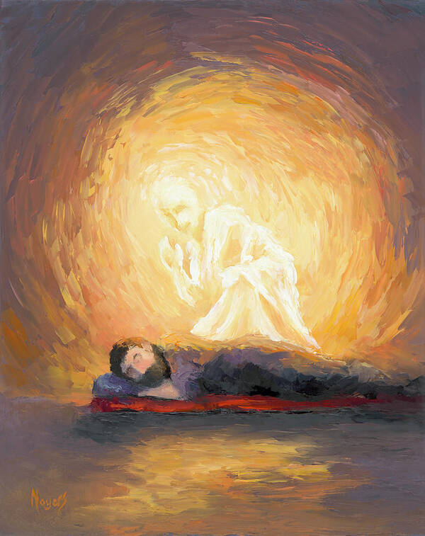 Joseph Art Print featuring the painting The Angel Visits Joseph by Mike Moyers