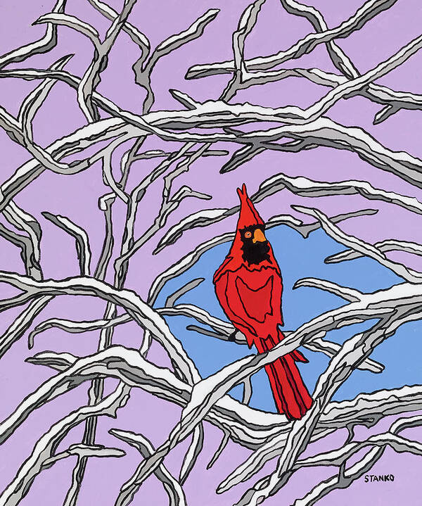 Cardinal Bird Perch Snow Winter Art Print featuring the painting The Cardinal by Mike Stanko