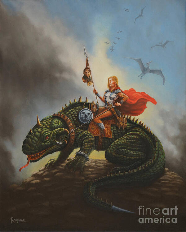 Dragon. Female Warrior Art Print featuring the painting The Dragon Rider by Ken Kvamme