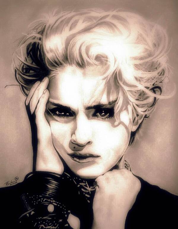 Madonna Art Print featuring the drawing The Material Girl - Madonna - Sepia Edition by Fred Larucci
