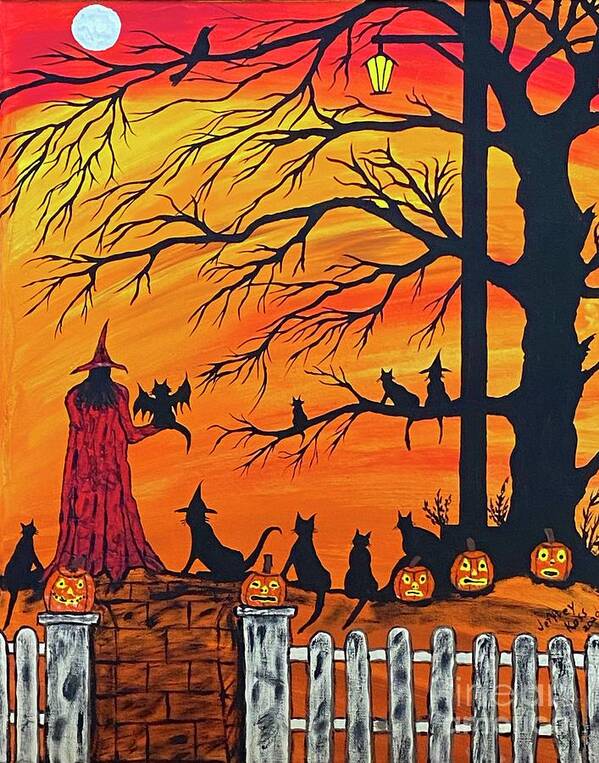 Felines Art Print featuring the painting The Red Witch and The Bat Cat On Halloween Night. by Jeffrey Koss