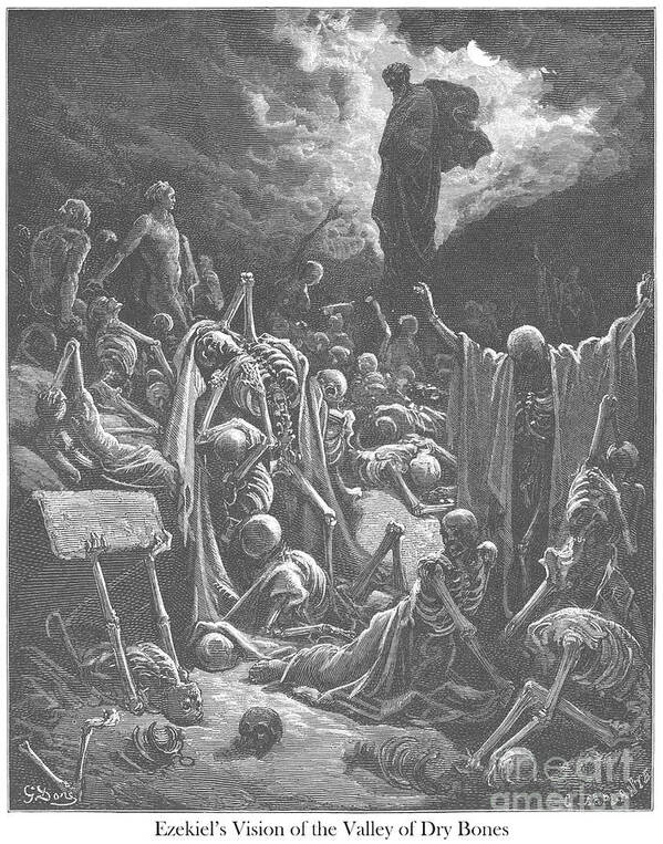 Vision Art Print featuring the drawing The Vision of the Valley of the Dry Bones by Gustave Dore v1 by Historic illustrations