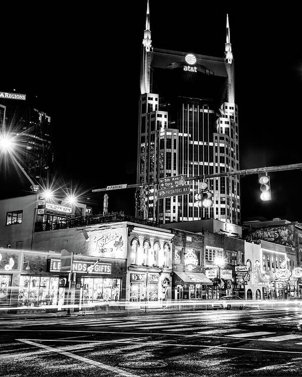 Nashville Prints Art Print featuring the photograph This District in Monochrome - Nashville Lower Broadway Skyline by Gregory Ballos