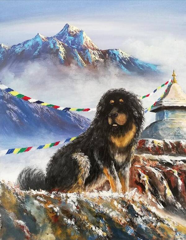 Tibetan Mastiff with Stupa and Prayer Flags by Juliette Cunliffe