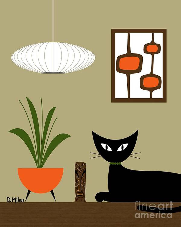 Mid Century Black Cat Art Print featuring the digital art Tiki Tabletop Cat with Pods by Donna Mibus